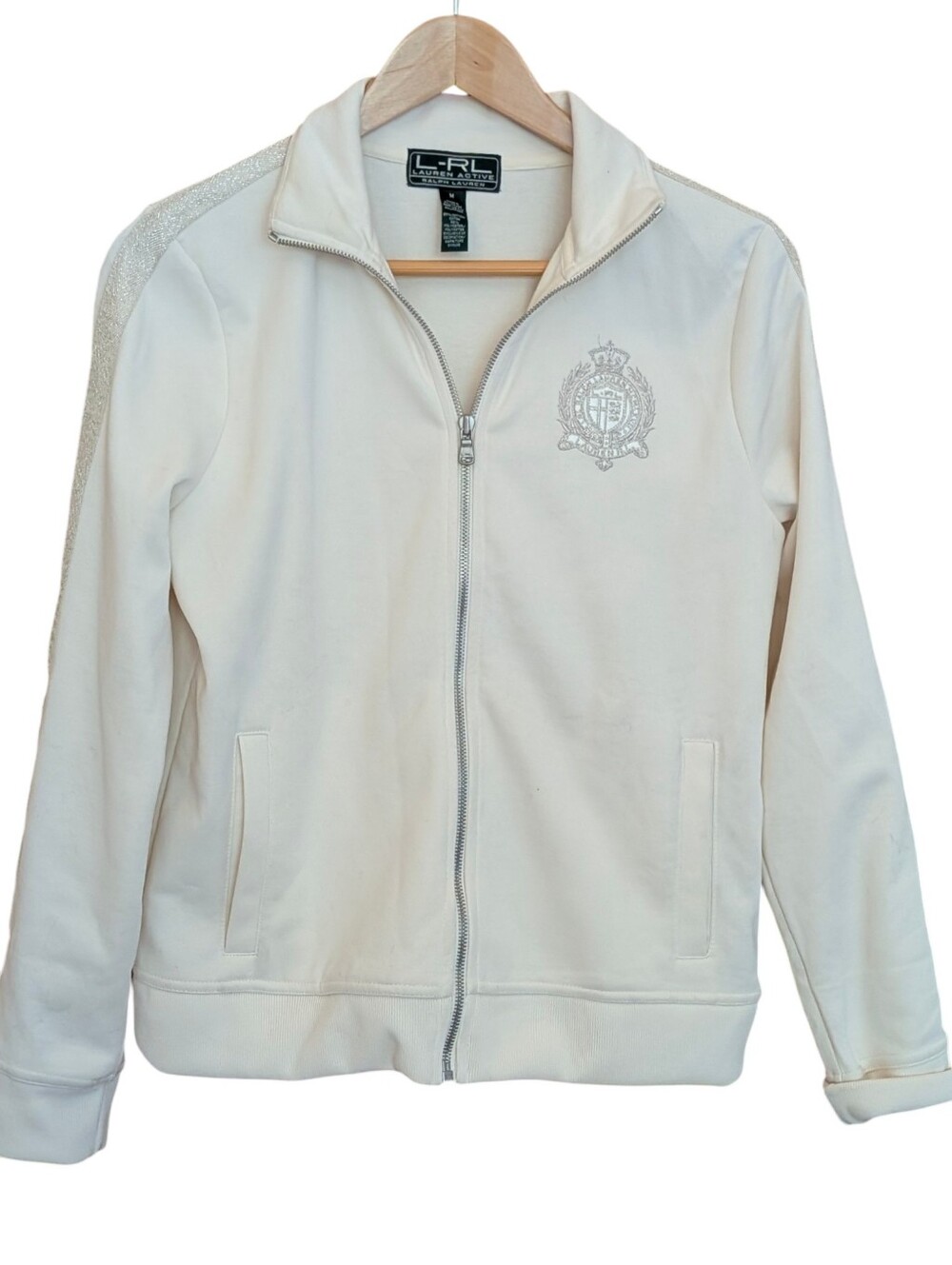 L.R.L. Lauren Ralph Lauren Cream Zip-Front Track Jacket M Activewear Athleisure